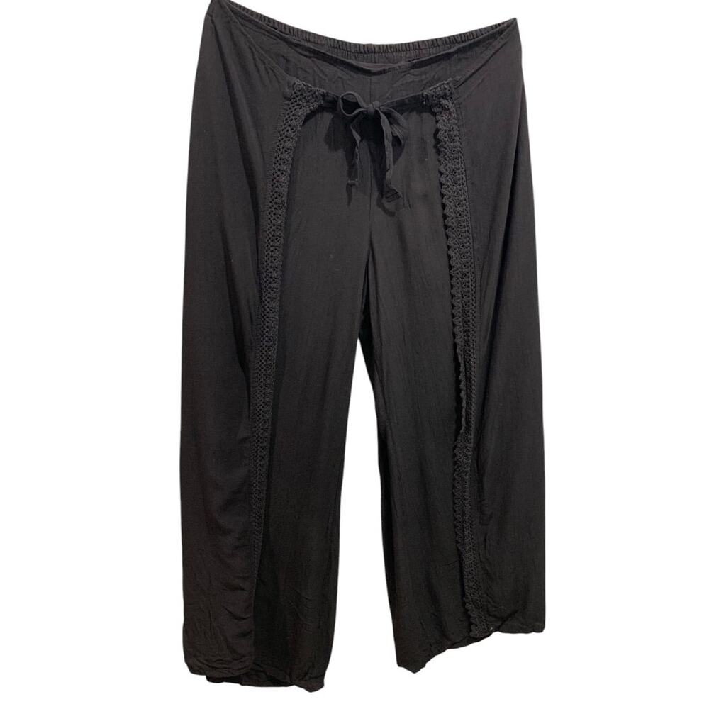 XL Vanilla Sky Womens Boho Black Pants Split Leg Lightweight Pull On